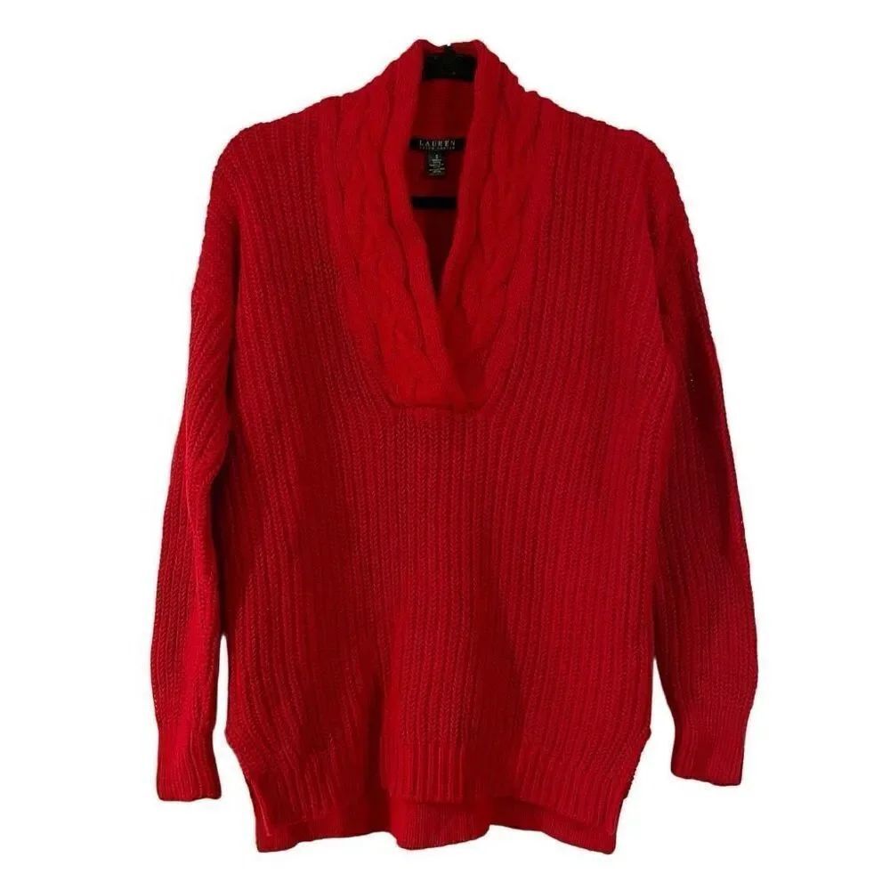 Lauren Ralph Lauren chunky knit red sweater shawl neck small